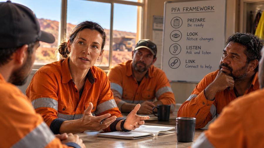 Supervisor leading a toolbox talk using the PFA framework — Prepare, Look, Listen, Link